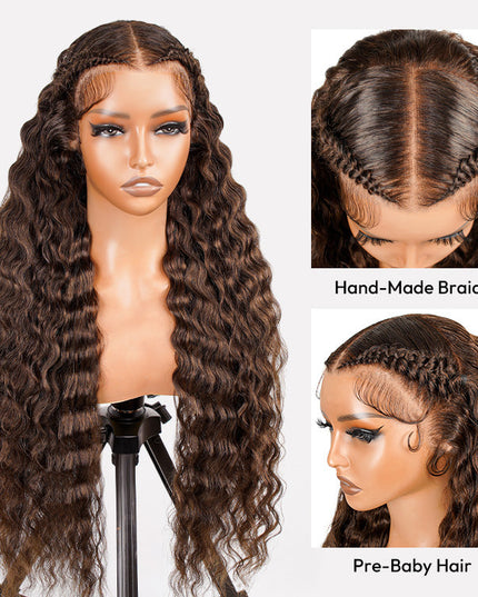 Brown 4# Color Pre-Braided Deep Stylist Wig Pre-Knots 13x4 Super Invisible Lace Front Wig 180% Density junoda