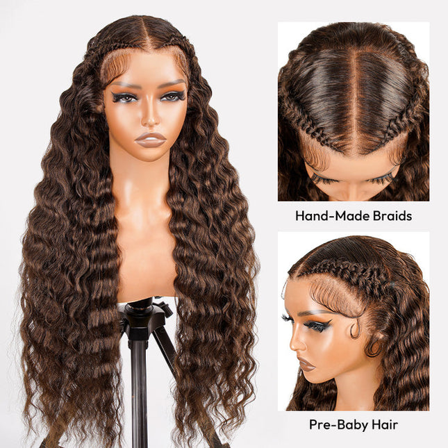 Brown 4# Color Pre-Braided Deep Stylist Wig Pre-Knots 13x4 Super Invisible Lace Front Wig 180% Density junoda