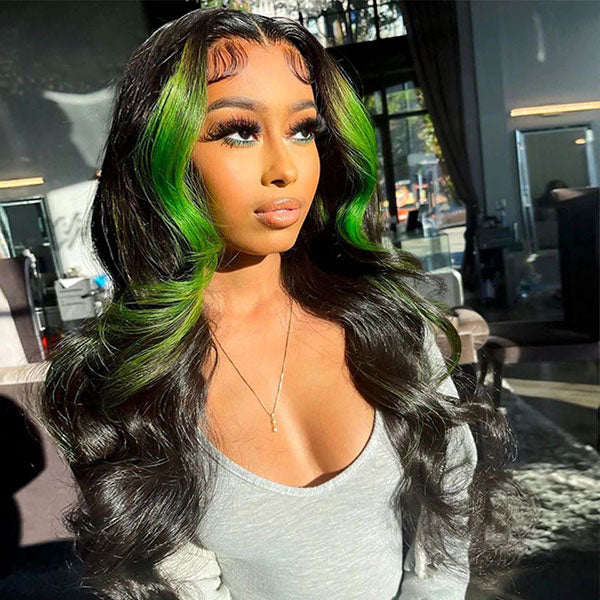 omgjackiee Recommend Color Green Skunk Stripe Hair Body Wave Human Hair Lace Front Wigs 180 Density junoda