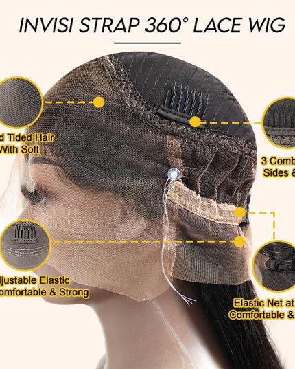 Junoda Silky Straight Invisible Adjustable Strap 360 Transparent Lace Frontal Bleached Knots Lace Wig junoda