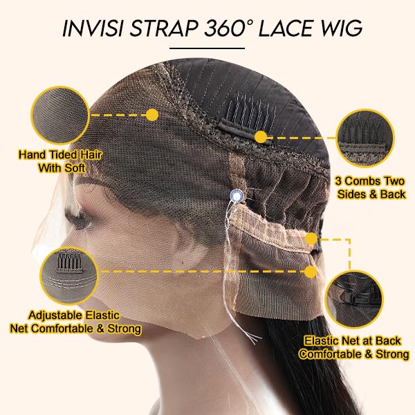 Junoda Silky Straight Invisible Adjustable Strap 360 Transparent Lace Frontal Bleached Knots Lace Wig junoda