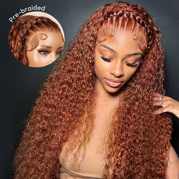Pre-Braided Burnt Orange Stylist Wig Deep Wave 13x4 Lace Frontal Pre-plucked junoda