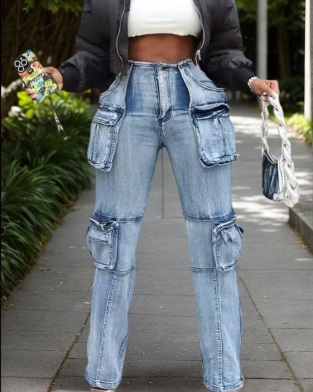 New Women's Casual And Versatile Multi-pocket Work Pants, Mid-waisted Washed Straight-cut Jeans See size chart under “more details”