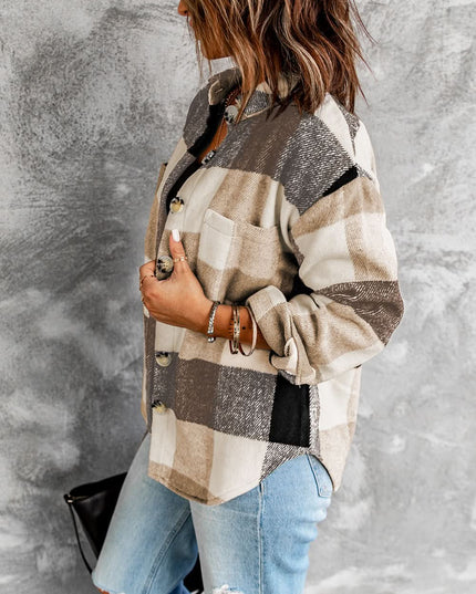 Khaki Plaid Color Block Shacket With Buttoned Pockets