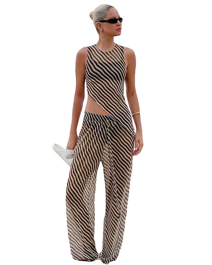 Women's Sleeveless Diagonal Stripes See-through Irregular Top Suit