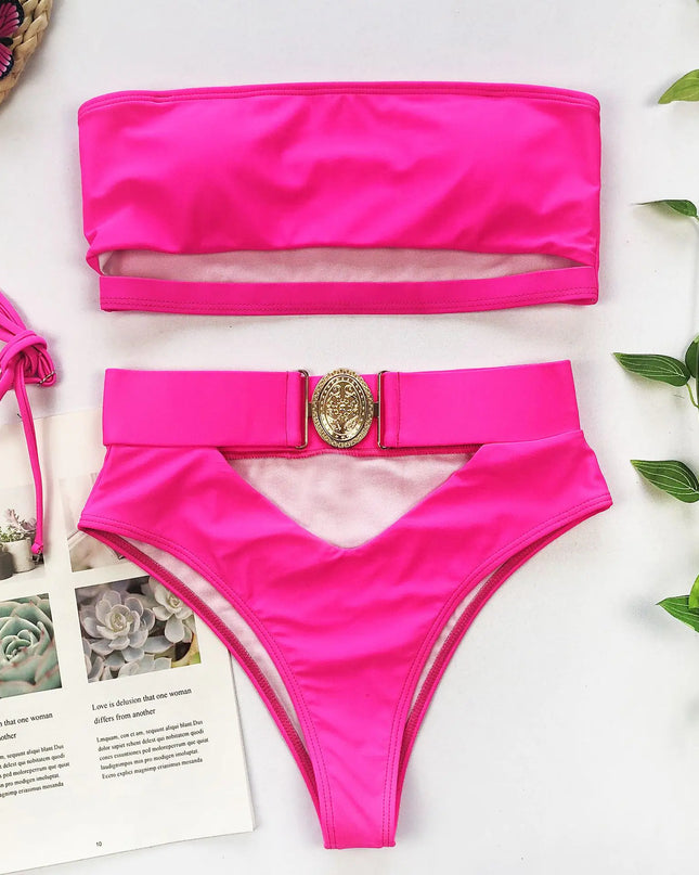 Chic Metal Buckle Strapless Bikini Swimsuit for Women