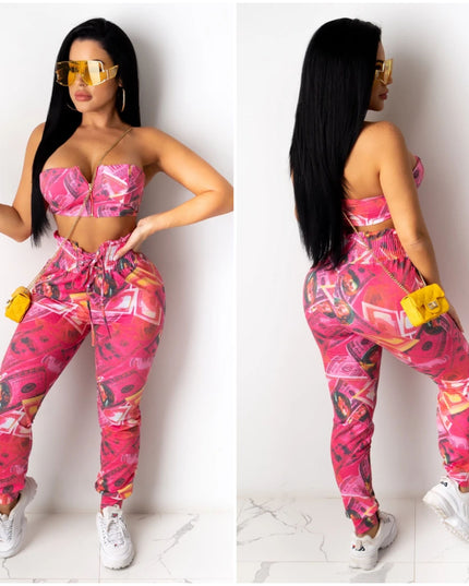 "Money Money Money" USA $100 Bill Pink Cropped Top & Pants Set