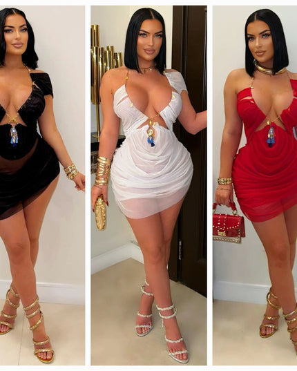 Mesh Halter Mini Chain Jeweled Dress/Lingerie