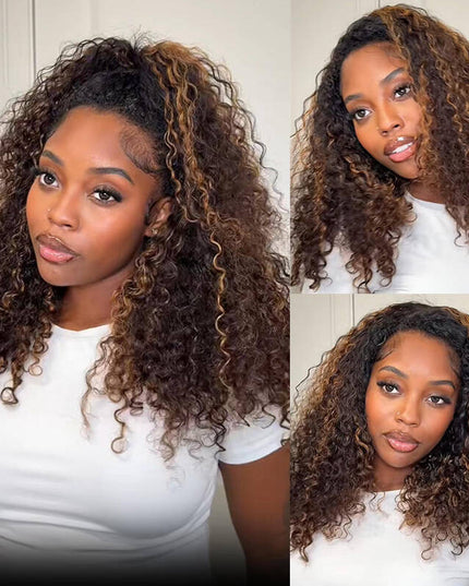 Highlight Brown Water Wave Drawstring Wig Invisible Hairline Drawstrings Wig junoda