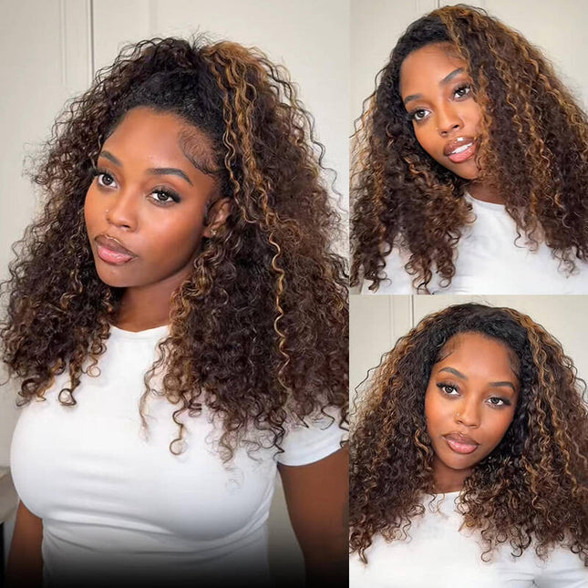 Highlight Brown Water Wave Drawstring Wig Invisible Hairline Drawstrings Wig junoda
