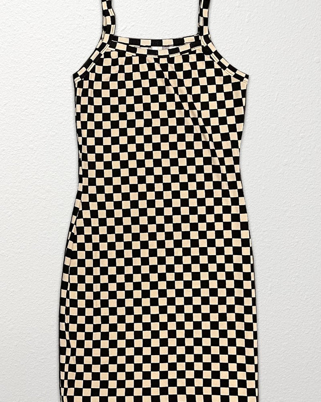 Checkered rib knit tank top dress