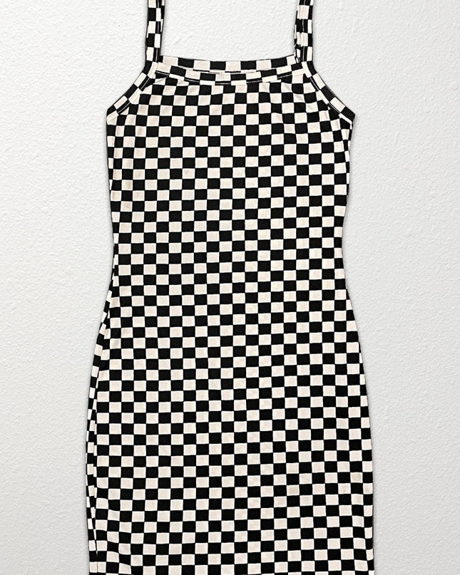 Checkered rib knit tank top dress