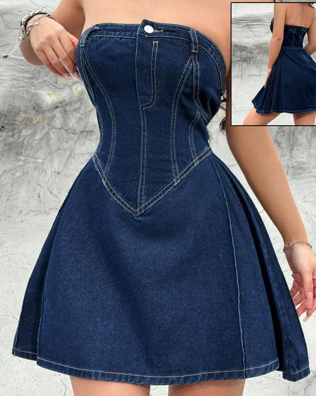 Women's Summer Off-shoulder Low Collar Sexy Fishbone Waist Tight Denim Dress Strapless Sexy Dress Trend Skinny Hipster Party Clubwear Y2K Bodycon