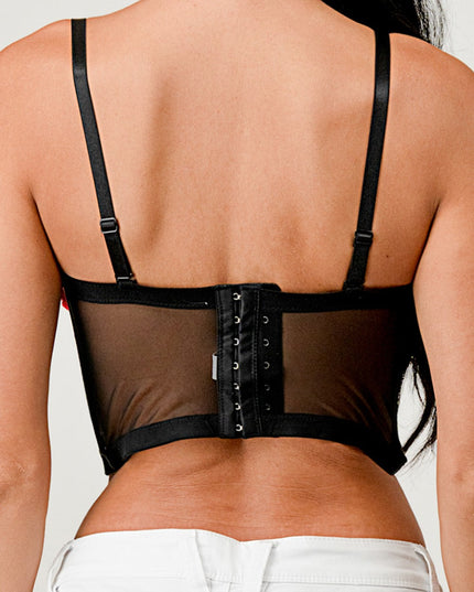 3D Heart Rose & Mesh Cropped Top- Black/Red