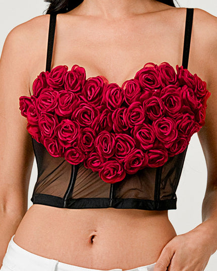 3D Heart Rose & Mesh Cropped Top- Black/Red