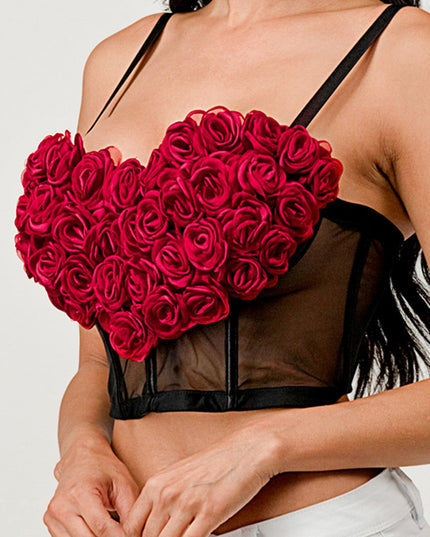 3D Heart Rose & Mesh Cropped Top- Black/Red