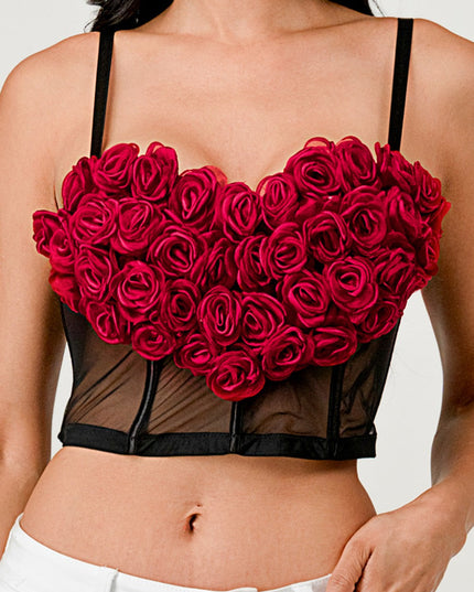 3D Heart Rose & Mesh Cropped Top- Black/Red