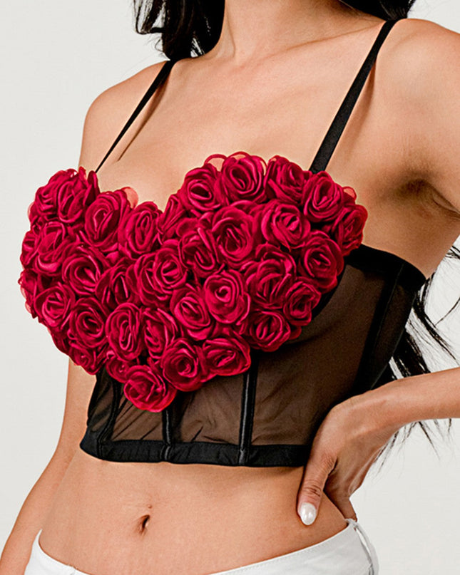 3D Heart Rose & Mesh Cropped Top- Black/Red