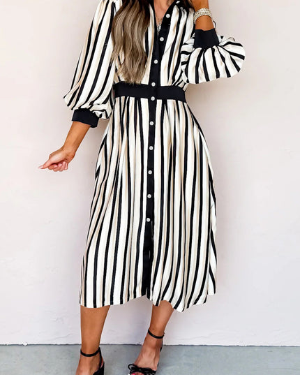 Black Stripe 3/4 Puff Sleeve Shirt Style Button Down Midi Dress