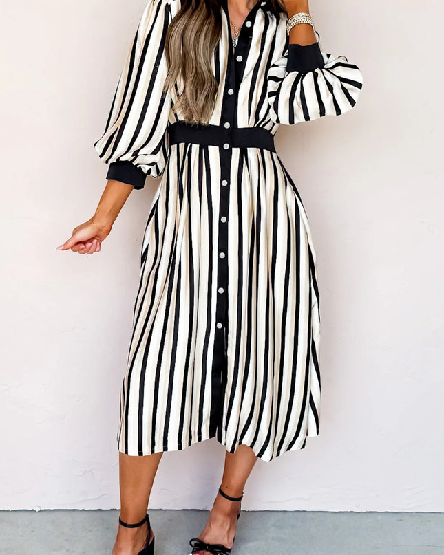 Black Stripe 3/4 Puff Sleeve Shirt Style Button Down Midi Dress