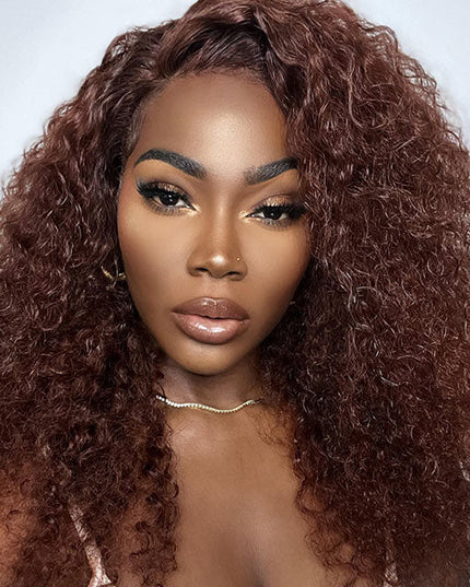 DionaLatia Recommend Junoda Long Reddish Brown Jerry Curly Wig Auburn Color #33 Lace Front Human Hair Wigs junoda