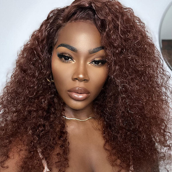 DionaLatia Recommend Junoda Long Reddish Brown Jerry Curly Wig Auburn Color #33 Lace Front Human Hair Wigs junoda