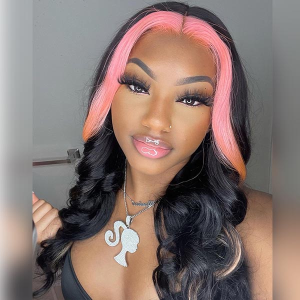 Queenleoraisback Recommendation Pink and Black Color Skunk Stripe Hair Body Wave Human Hair Lace Front Wigs 180 Density junoda