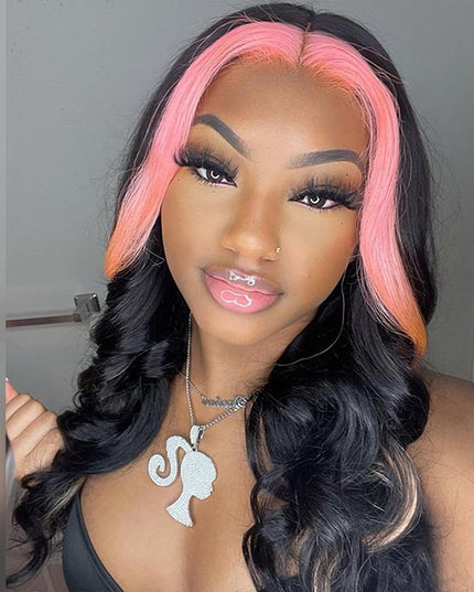 Pink and Black Color Skunk Stripe Hair Body Wave Human Hair Lace Front Wigs Fast Shipping junoda
