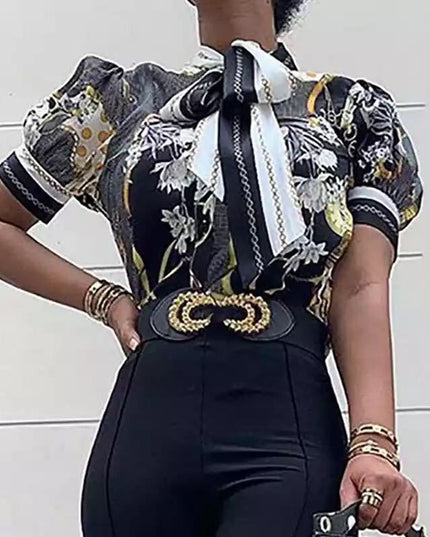Printed chain shirt bow puff sleeve See size chart under “more details”