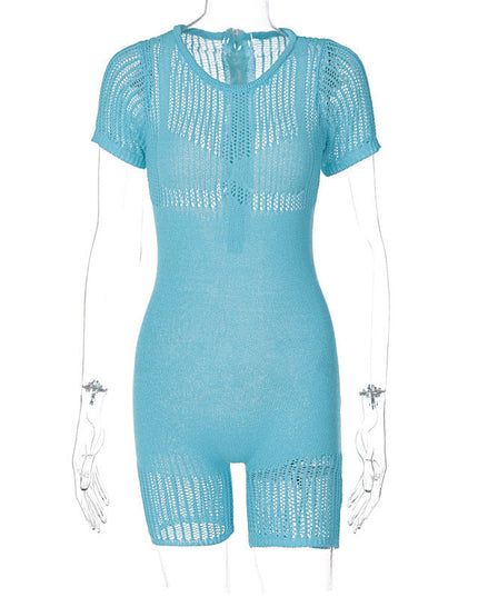 Women's Zipper Hollow-out Tight Hip Lifting Knitted Short Romper