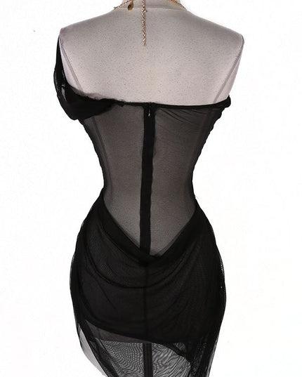 Mesh Halter Mini Chain Jeweled Dress/Lingerie