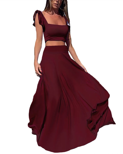 Solid color long skirt two-piece set