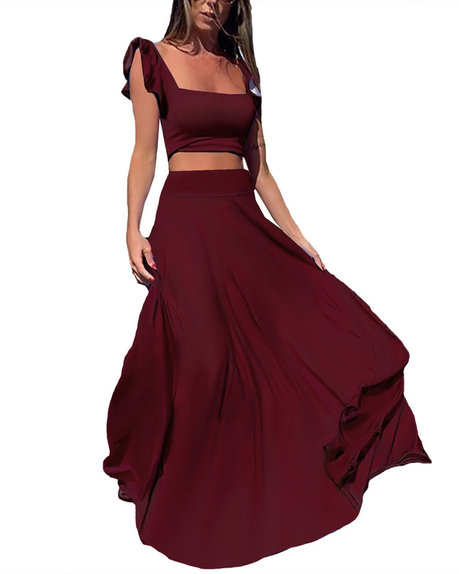 Solid color long skirt two-piece set