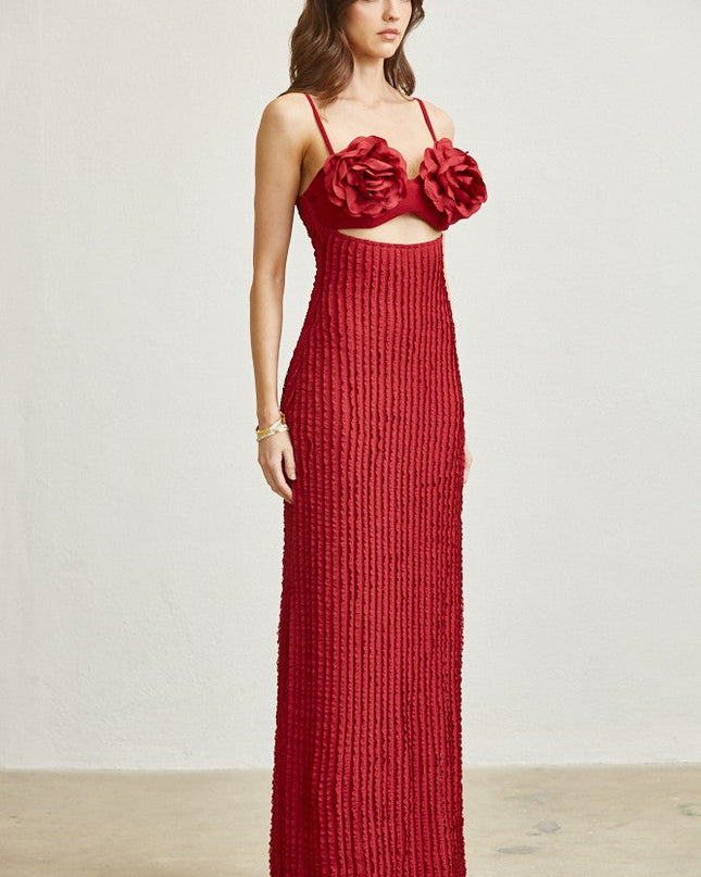 All My Love 3D Rose Maxi Dress- Red