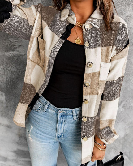 Khaki Plaid Color Block Shacket With Buttoned Pockets