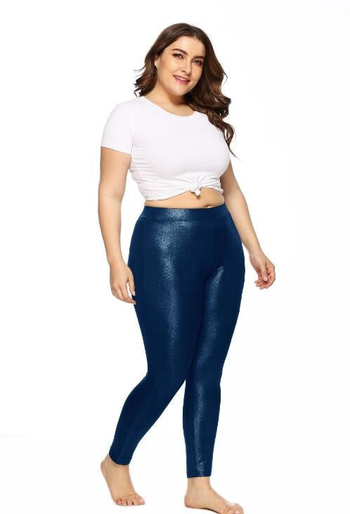Plus Size Blue Leggings for Women | Shiny Metallic Look | Comfortable Fit | Pretty Melanin Boutique
