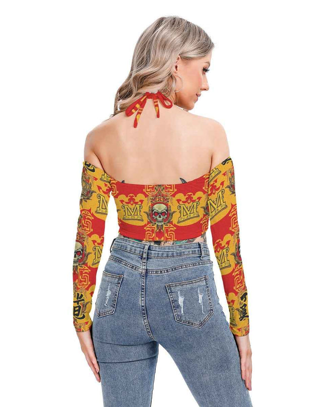 MUNSIEUR All-Over Print Women's Halter Lace-up Top Blouse New Arrivals
