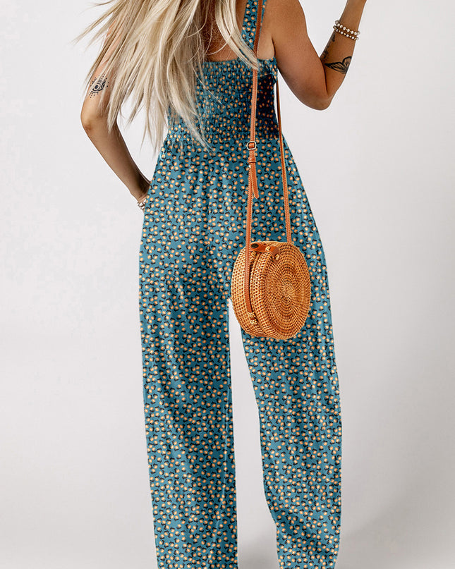 Green Floral Print Smocked High Waist Square Neck Jumpsuit