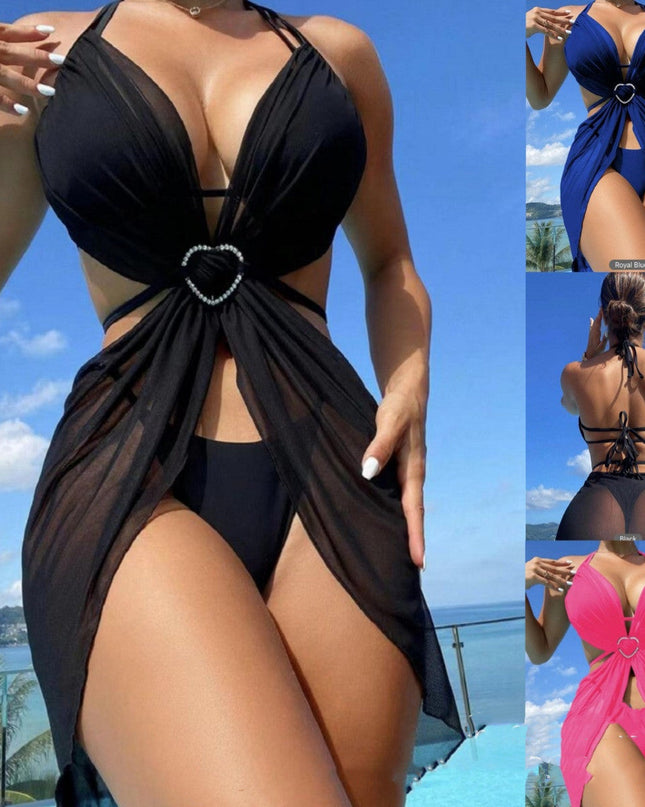3pcs Halter Neck Bikini Beach Summer Solid Color Split Swimsuit Womens Clothing