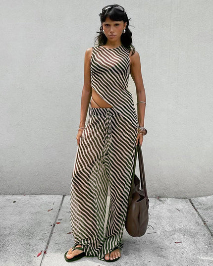 Women's Sleeveless Diagonal Stripes See-through Irregular Top Suit