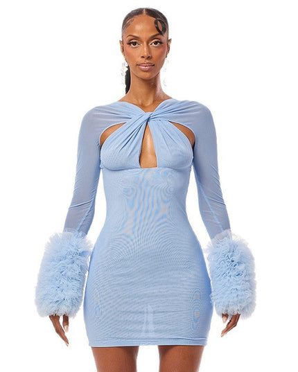 Mesh Cross Hollow-out Long Sleeve Plush Sleeve Slim-fit Sheath Dress