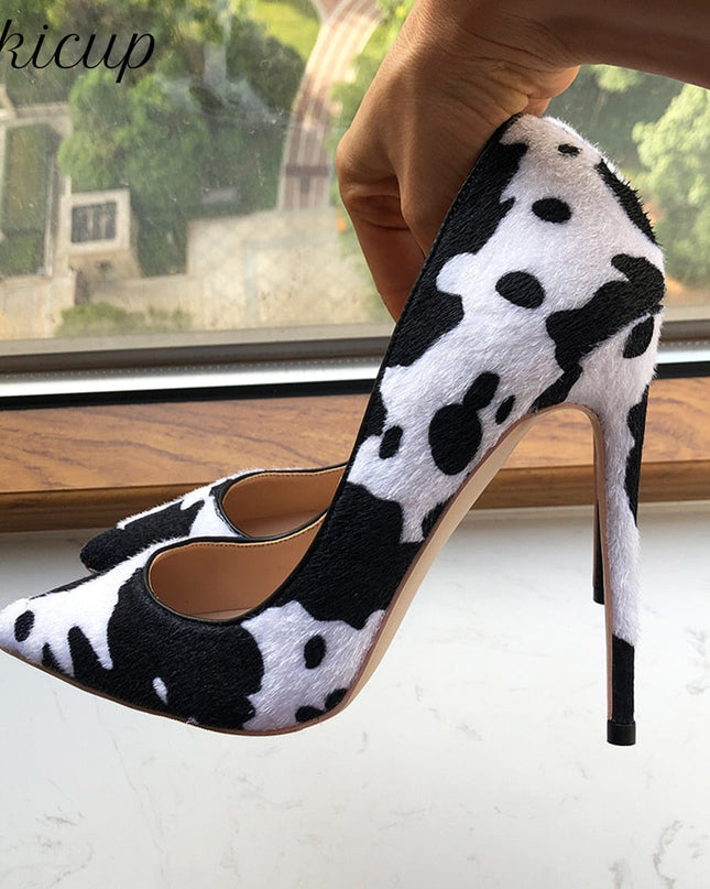 Tikicup Cow Print Women White Hairy Flock Pointy Toe High Heel Shoes Sexy Celebrity Ladies Slip On Stiletto Pumps for Party