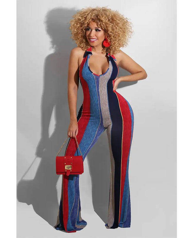 Striped Halter Jumpsuit with Horns for a Bold Look