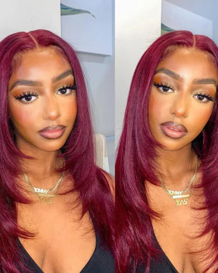 Layered Cut Straight Wig 99j Glueless Lace Human Hair Wig Salone Quality junoda