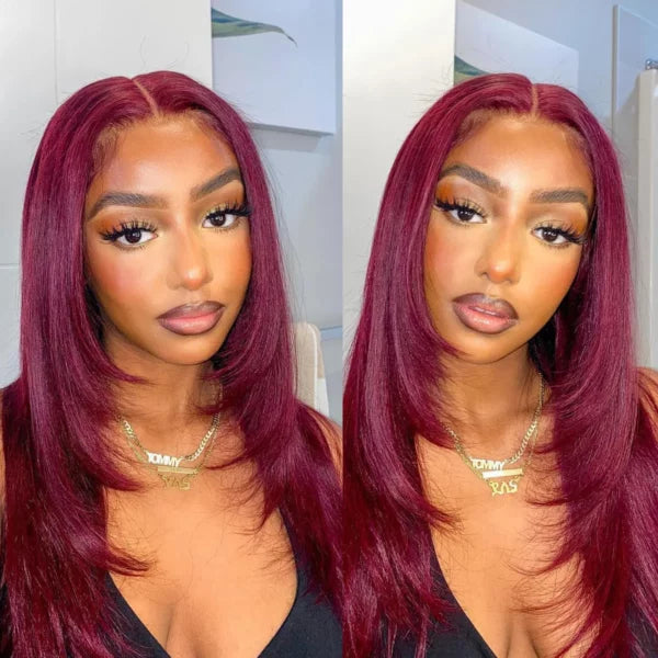 Layered Cut Straight Wig 99j Glueless Lace Human Hair Wig Salone Quality junoda
