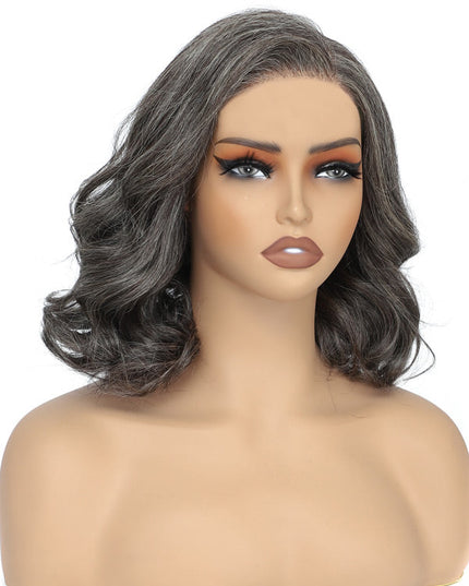 Junoda Silver Grey Salt and Pepper Loose Body Wave Bob Wig Blunt Cut Short Bob Human Hair Pre Cut Lace Wigs junoda
