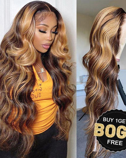 [BOGO] Junoda Balayage Highlight Brown Blonde 13x4 Lace Front Wig Body Wave Lace Frontal Wigs junoda