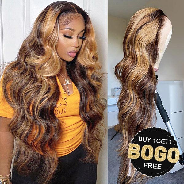 [BOGO] Junoda Balayage Highlight Brown Blonde 13x4 Lace Front Wig Body Wave Lace Frontal Wigs junoda