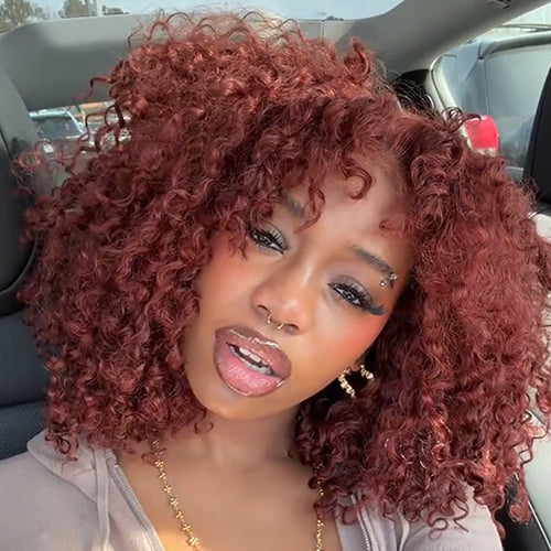 Colored Burmese Ready-to-Wear Lace Wig with Reddish Brown Premium Human Hair with Full Spiral junoda