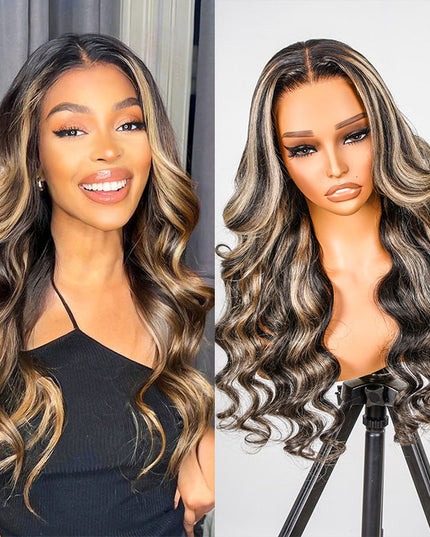 Piano Colored Body Wave Wig Highlights Black Wig With Honey Blonde Lace Wigs junoda